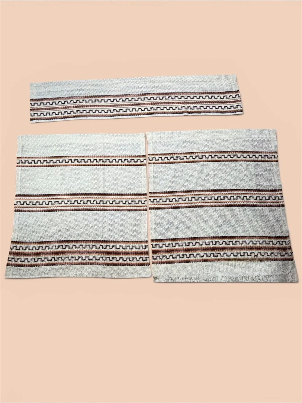 VTG 1970s Sears Woven Cafe Curtains With Valance 3 Pc Set White Brown Orange Tan